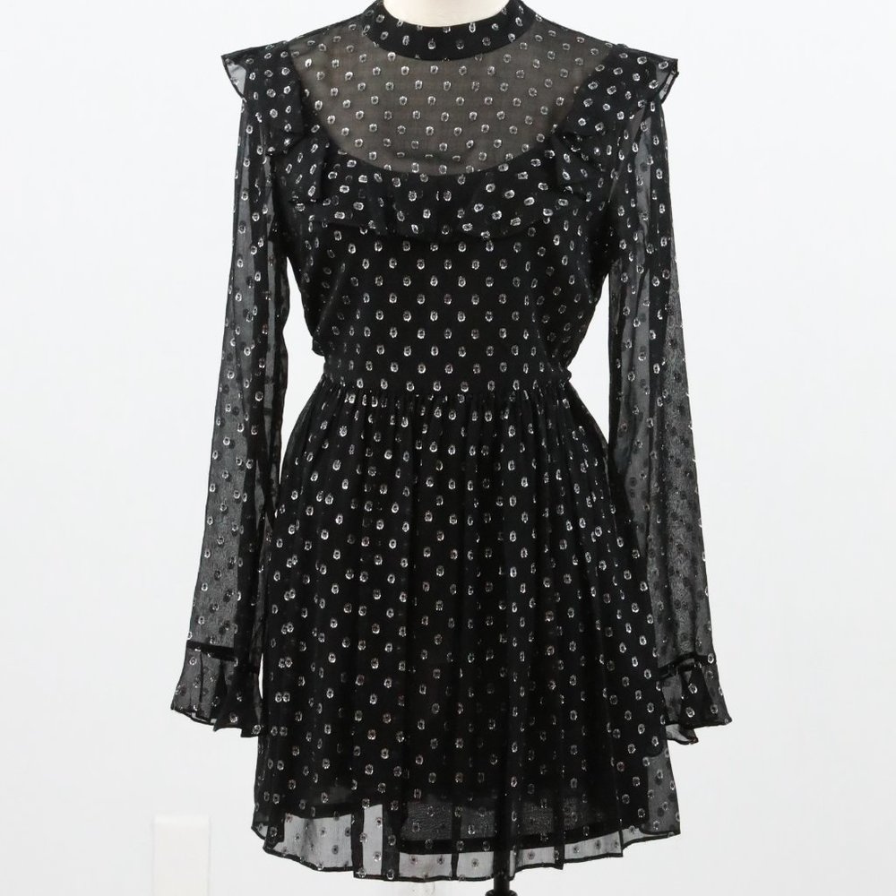 Robert Rodriguez Dress 8 Silk Metallic Dot Mini Babydoll Black Gold Sheer
